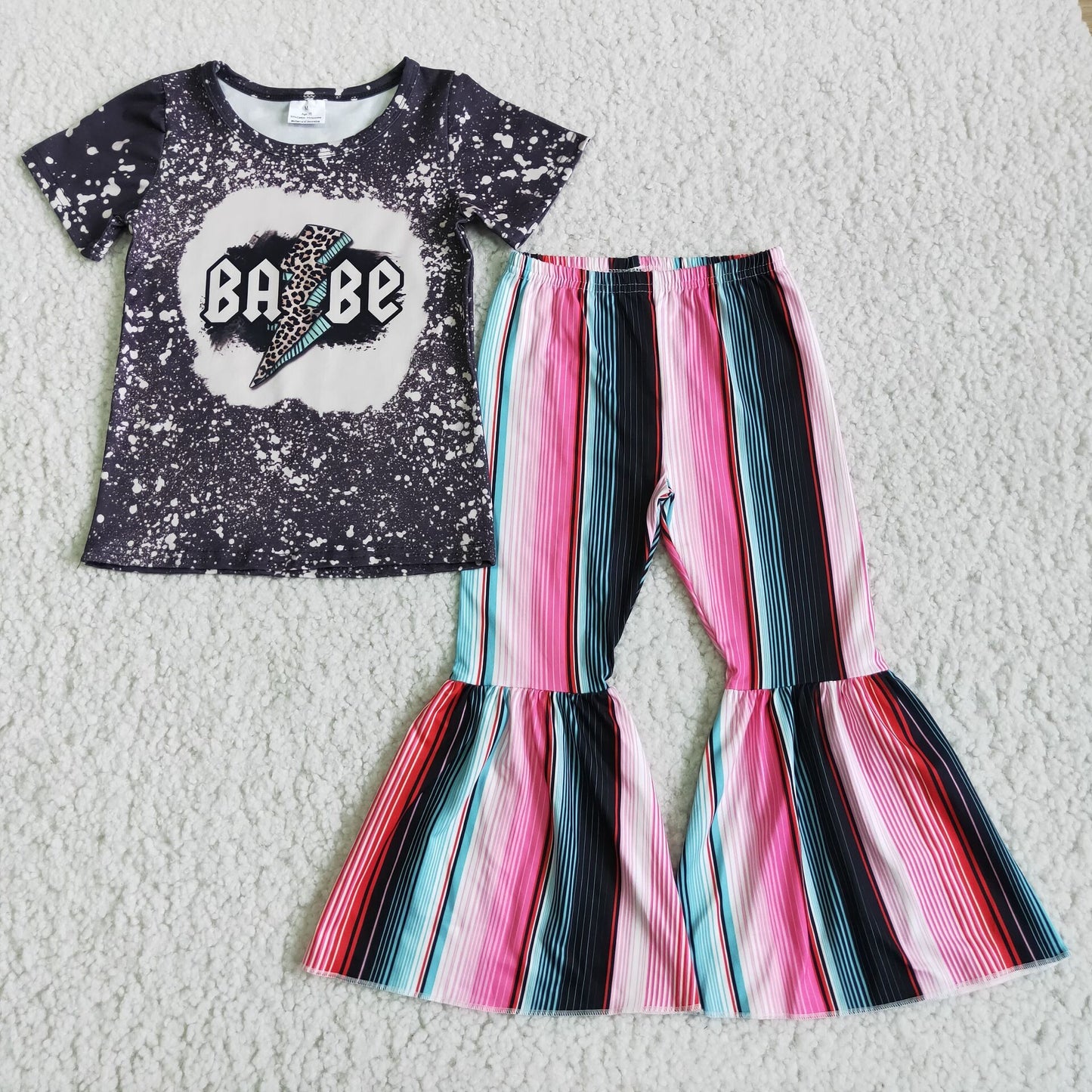 D3-13 Baby Girls Short Sleeve Babe Bleached Top Stripe Pants Sets