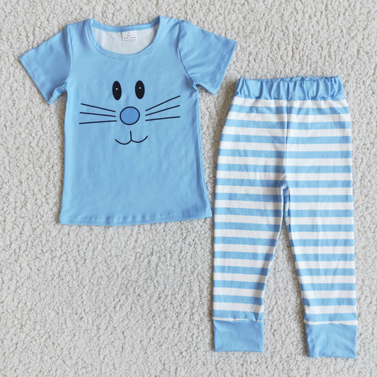 D7-5 Baby Boy Easter Rabbit Bunny Face Top Stripes Pants pajamas sets