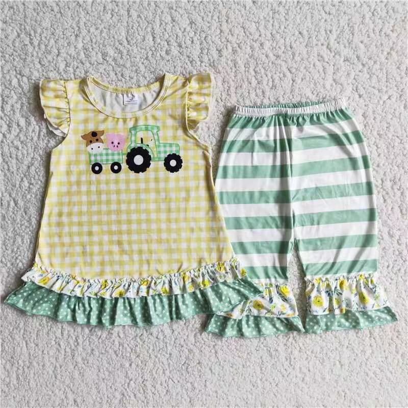 D9-12 Baby Girl Tractor Cow Farm Yellow Tunic Ruffle Pants Sets