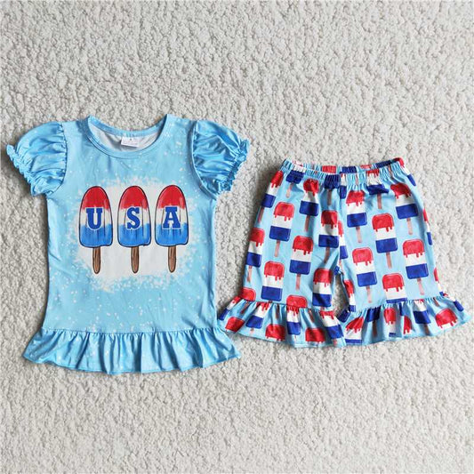 RTS NO MOQ(In Stock) D9-29 Puff Sleeve USA Popsicle Girl Set