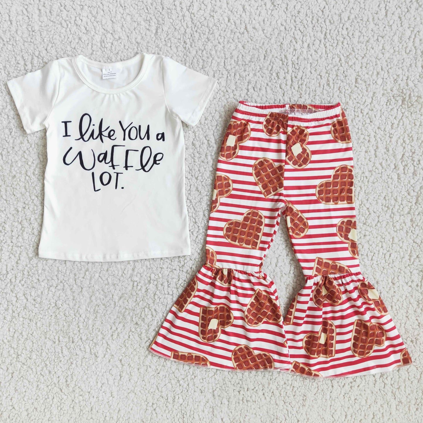 RTS NO MOQ（In Stock) D9-4 I Like U White Short-Sleeve Heart Striped Flare Pants