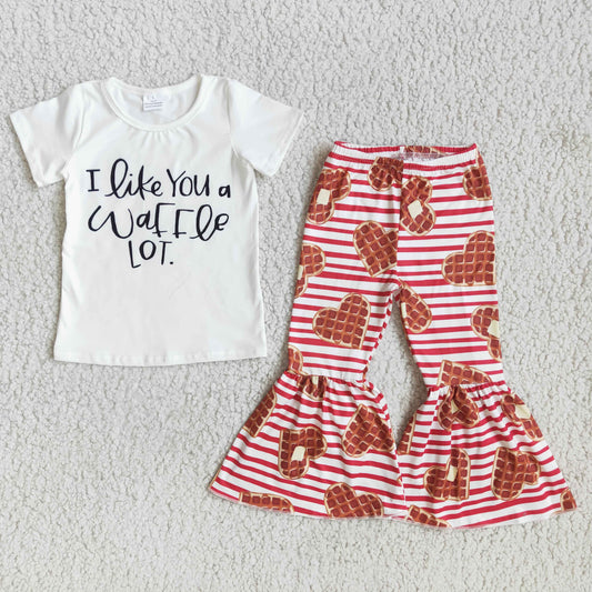 D9-4 Baby Girls Short Sleeve Top Waffle Lots Flare Pants Sets