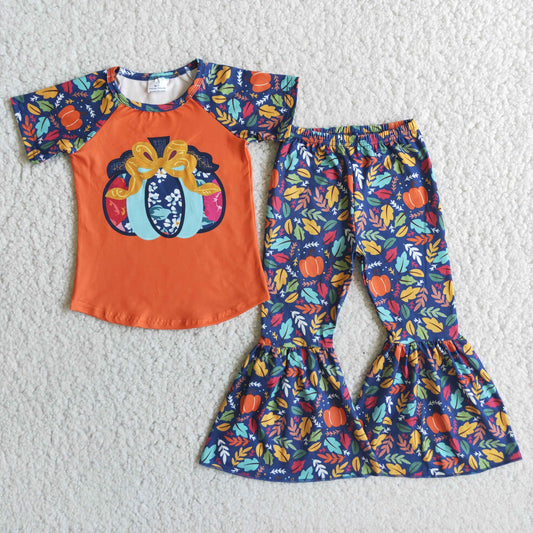 8.4 RTS NO MOQ（In Stock) E1-3 Orange Pumpkin Top Pumpkin Leaf Flare Pants Outfit