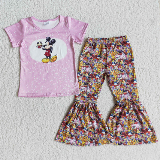 E11-11 Pink cartoon short-sleeved flared pants suit