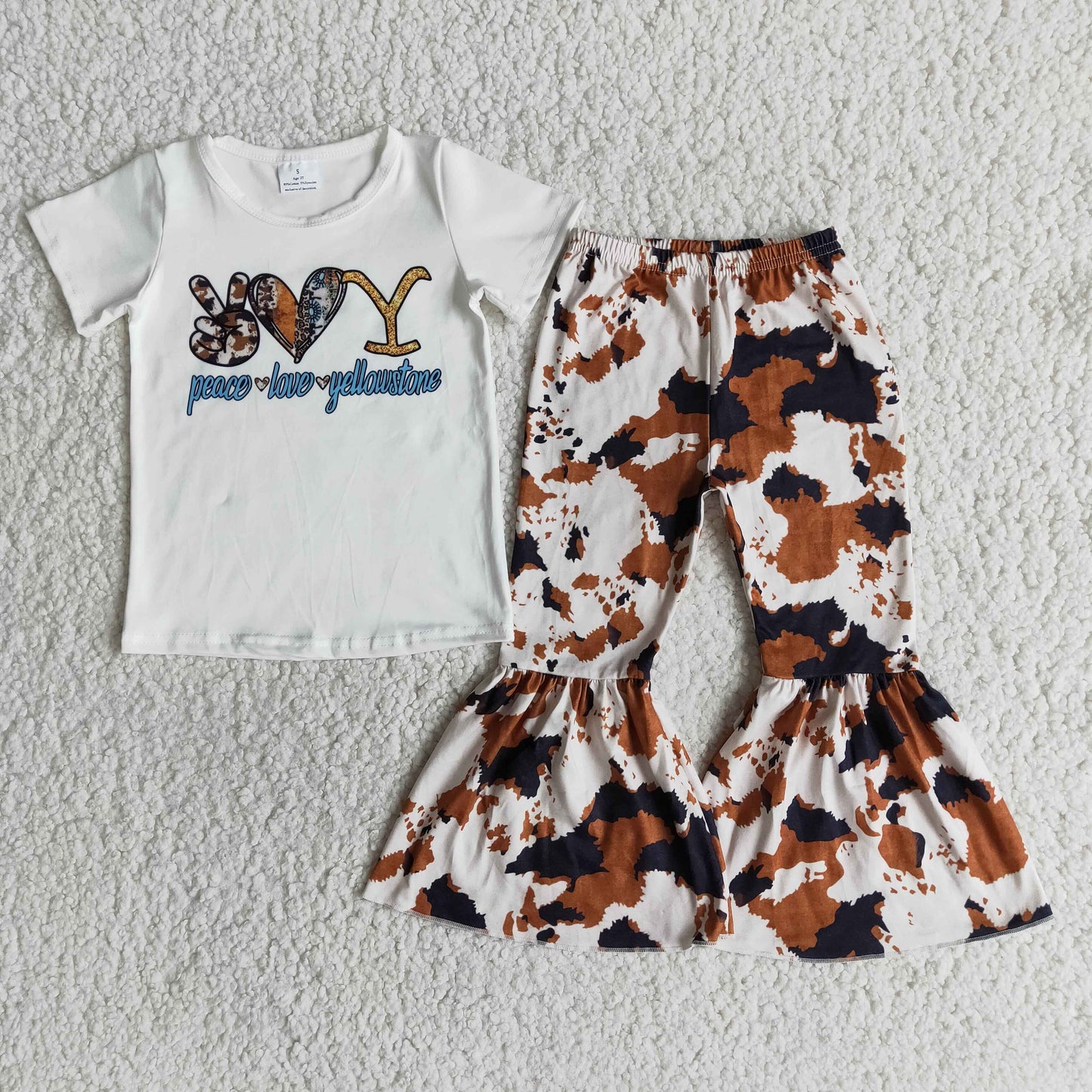 E11-13 Baby Girls Singer Short Sleeve Shirt Cow Print Bell Pants Wester Outfits Clothing Sets