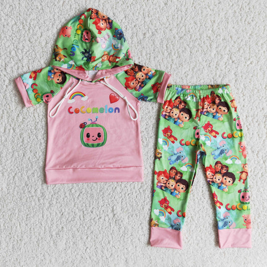 RTS NO MOQ（In Stock ) E11-26 baby girl clothes cartoon hooded short-Sleeved pants sets