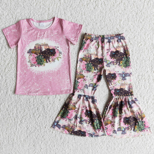 E12-15 cow white short sleeve cow-print bell bottoms