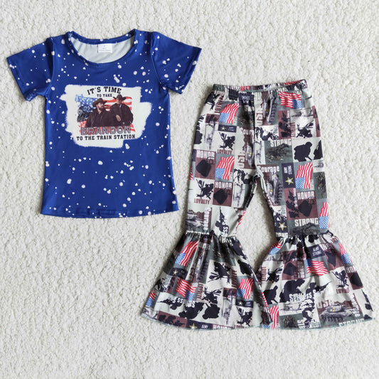 E13-12 BRANDON blue short-sleeved flared pants suit
