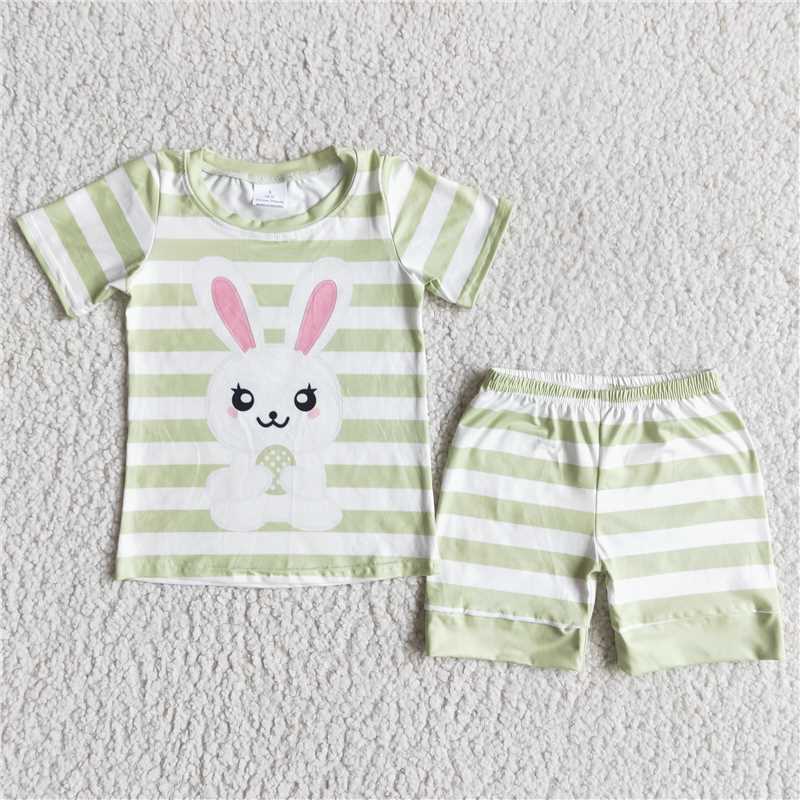 RTS NO MOQ（In Stock) E5-12 Easter Bunny Green Striped Suit