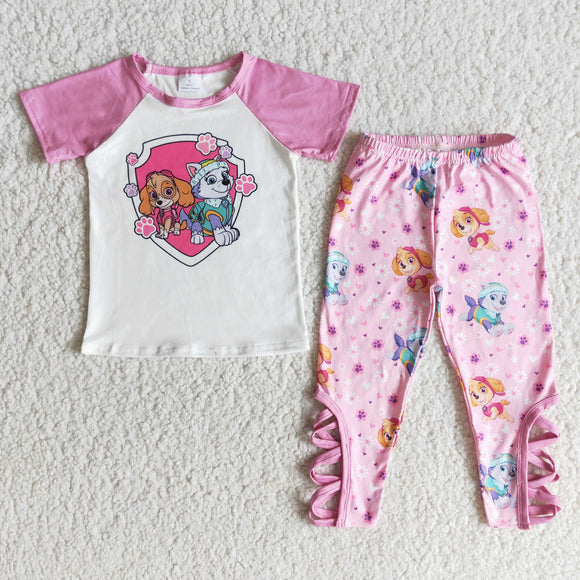 E6-29 Cartoon dog pink short-sleeved pantsuit