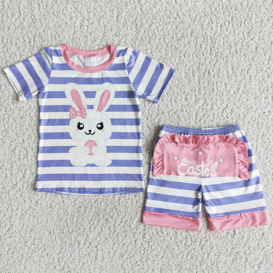 E7-17 Baby Girl Easter Bunny Rabbits Pink Stripe Shorts Sets