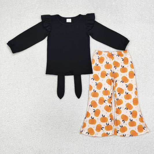 GLP1720 Baby Girls Halloween Black Top Pumpkins Bell Pants Outfits Set