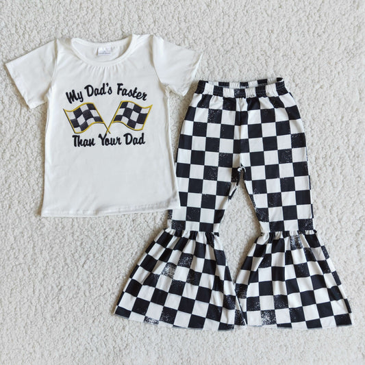 E8-29 my dad faster white short-sleeved top black and white checked bell bottoms