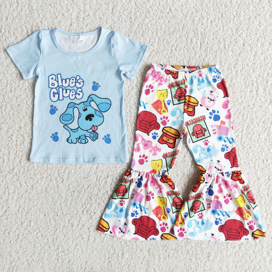 E8-5 Girls blues short sleeve cartoon bell bottoms suit