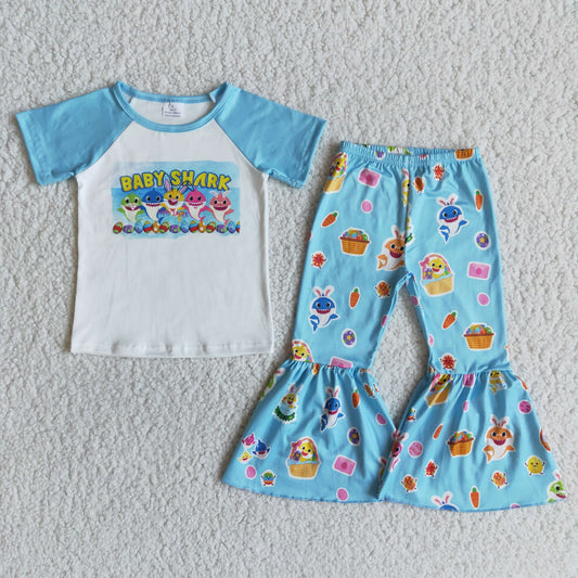 E9-12 Baby Girl Shark Easter Rabbit Bell Pants Sets