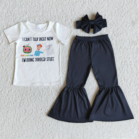 RTS NO MOQ（In Stock ) E9-14 cartoon white short-sleeve flares pant sets