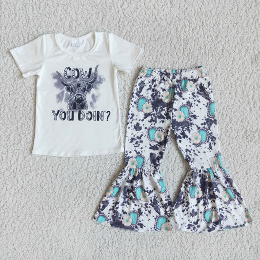 E9-30 cow white short sleeve cow-print bell bottoms