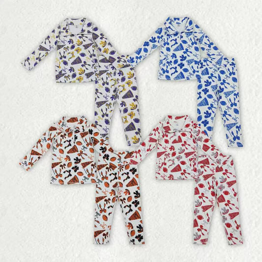 Sibling baby girl clothes Football Trumpet Bow Pattern long sleeve top Yoga pants sets