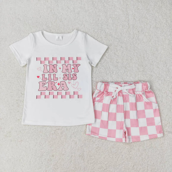 GT0557+SS0258 letters pink and white plaid short-sleeved top plaid shorts suit