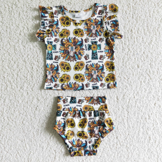 GBO0047 Baby Girl Western Sunflower Cow Skull Bummie Sets