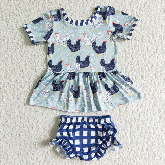 GBO0049 Baby Girl Short Sleeve Chicken Tunic Top Plaid Bummie Sets