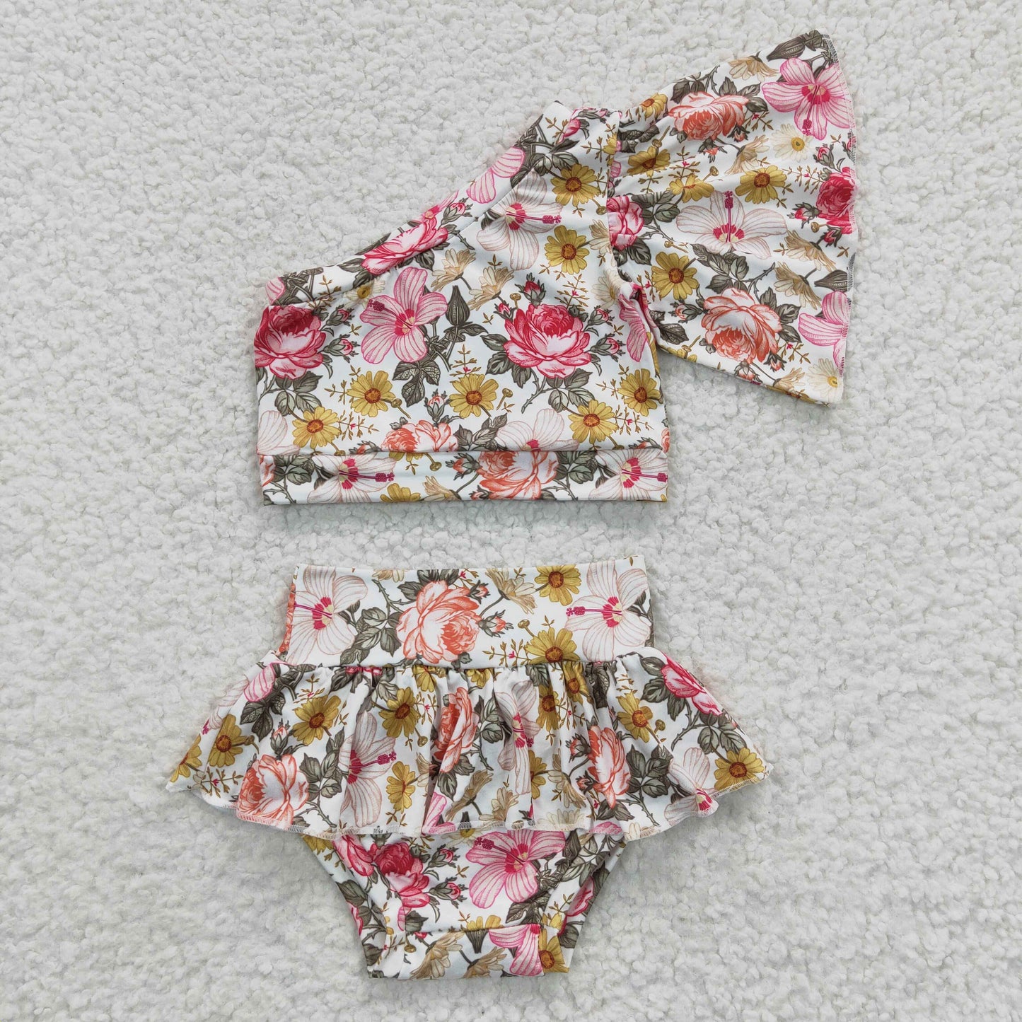 GBO0157 Baby Girls Flowers One Shoulder Bummie Sets