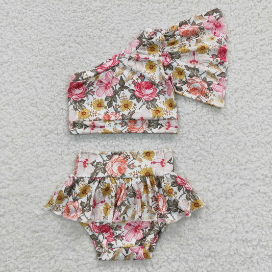 GBO0157 Baby Girls Flowers One Shoulder Bummie Sets