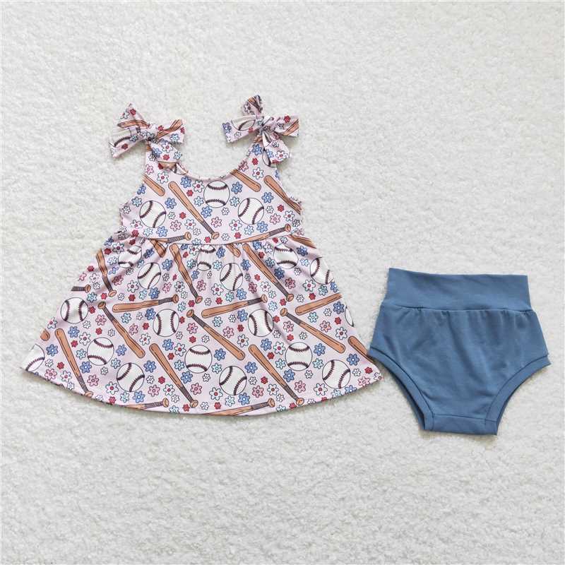 GBO0242 Baby Girl Baseball Flowers Tunic Top Bummies Clothes Sets