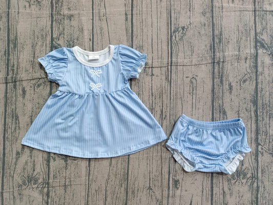 GBO0486 Preorder IRL Baby Girl Embroidery Bows Blue Stripe Tunic Bummies Clothes Sets