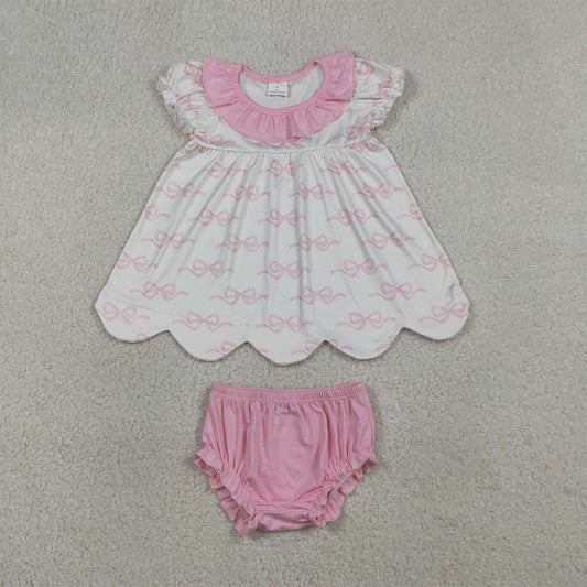 GBO0501 Baby Girl Pink Bows Collar Scallop Tunic Bummies Clothes Sets