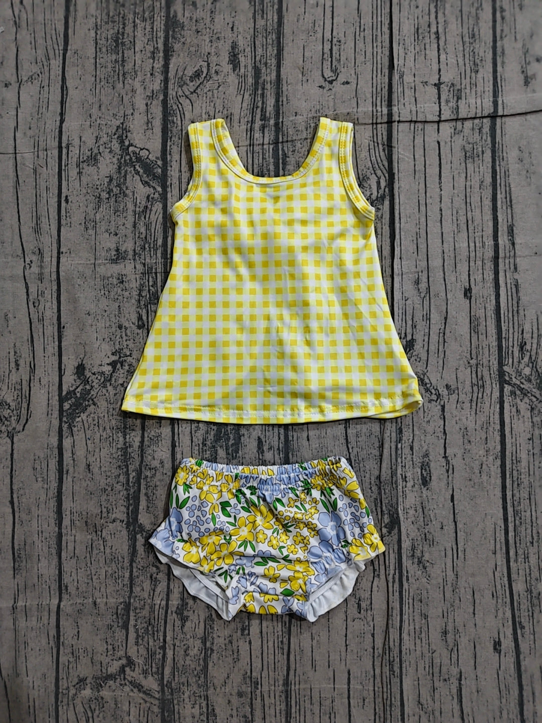 GBO0504 Preorder Sample Baby Girl Yellow Checked Flowers Tunic Bummies Clothes Sets