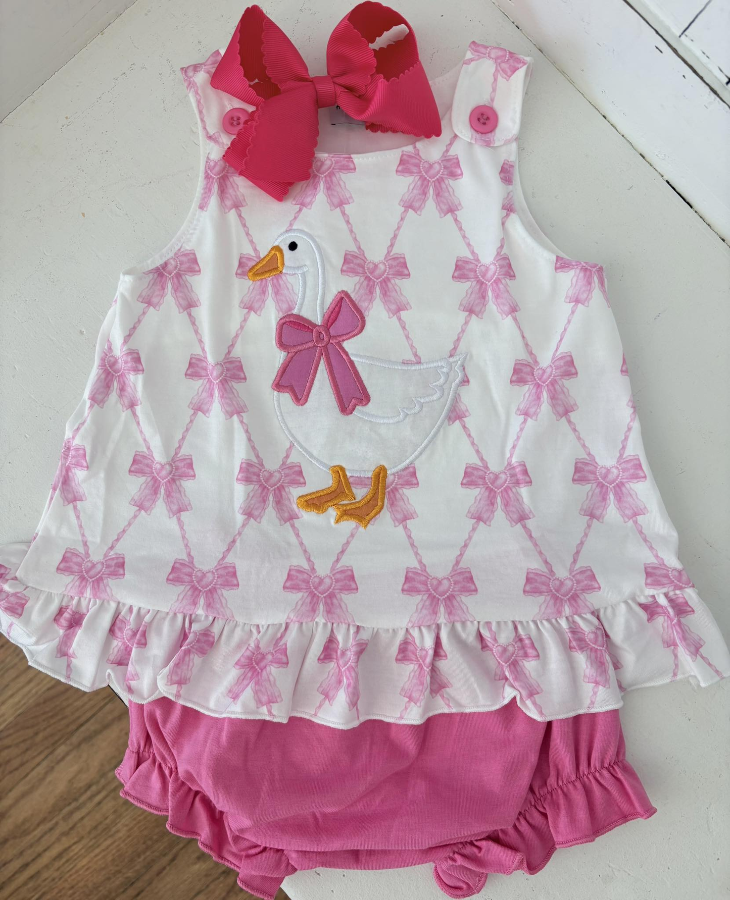 GBO0505 Preorder Baby Girl Pink Bows Checked Goose Tunic Bummies Clothes Sets