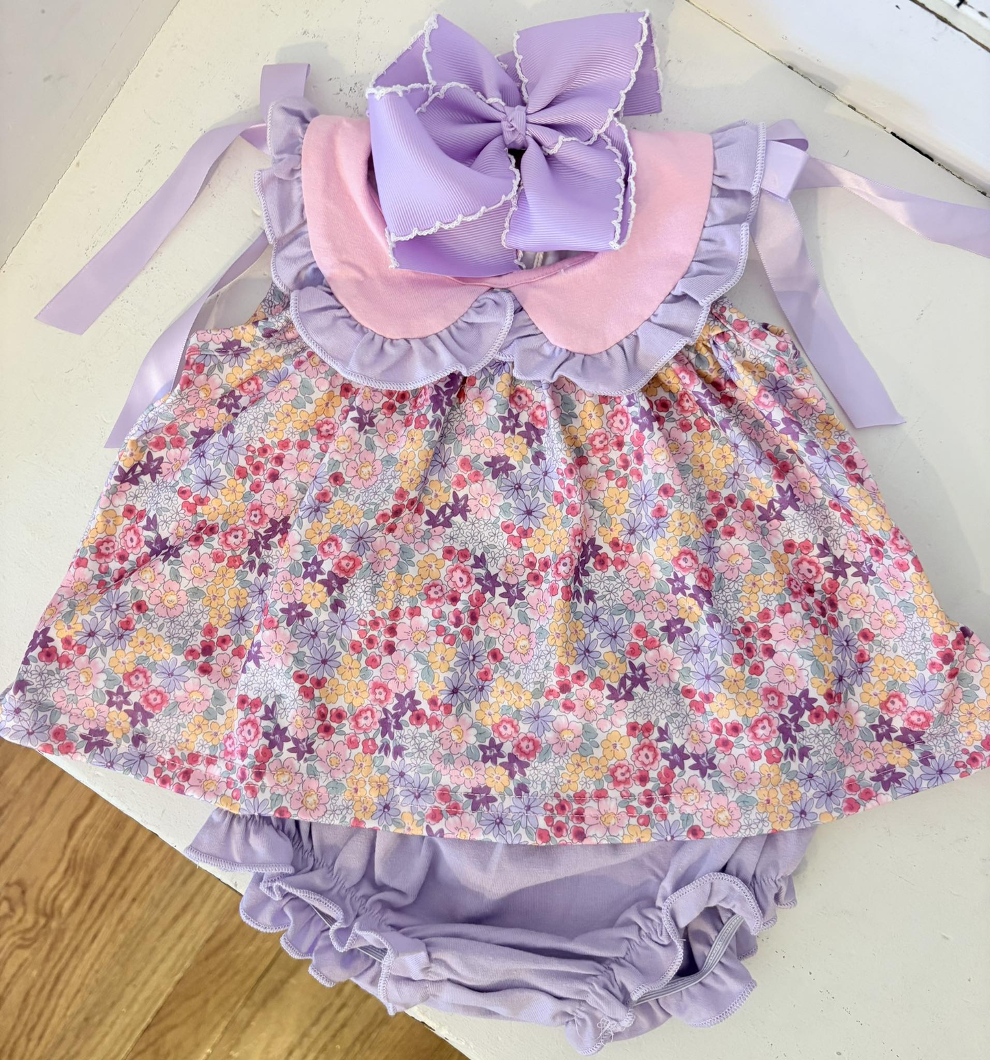 GBO0507 Preorder Baby Girl Sleeveless Flowers Collar Tunic Bummies Clothes Sets