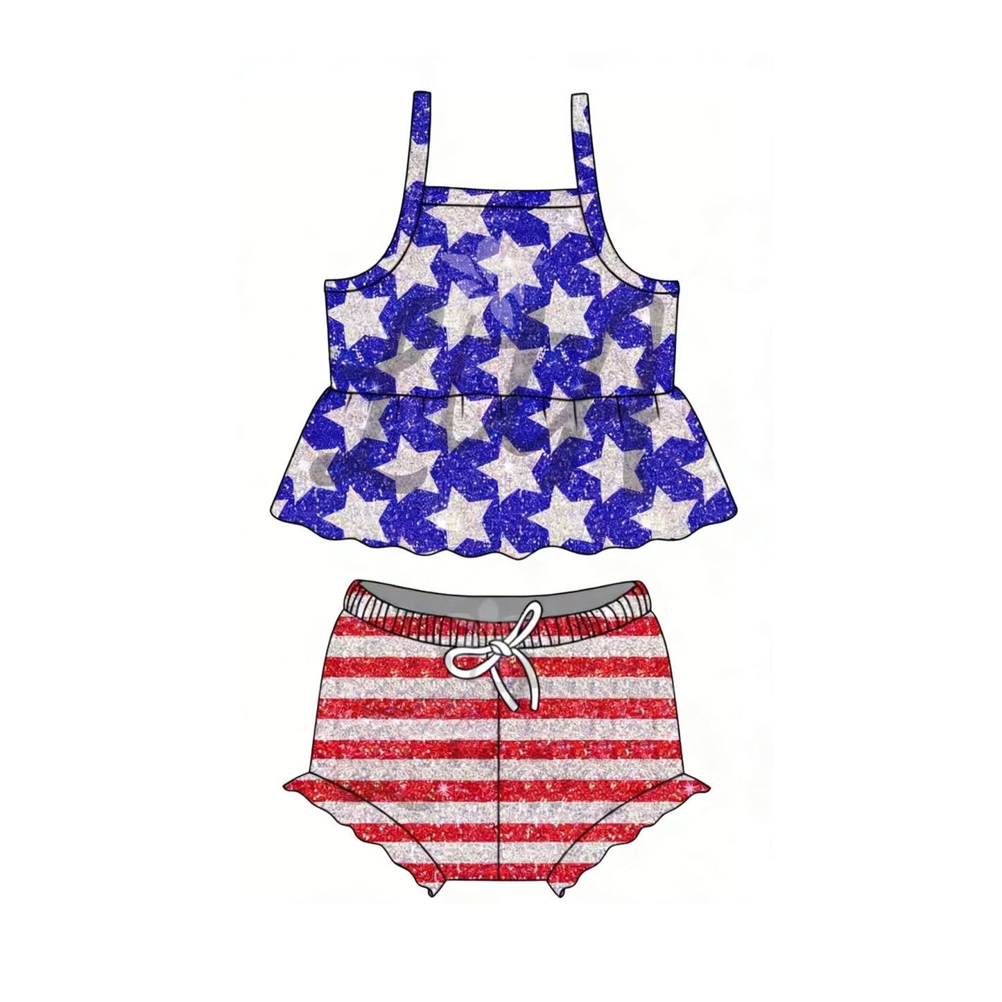 GBO0508 Preorder Baby Girl Strap Stars Tunic Stripe Bummies 4th of July Clothes Sets