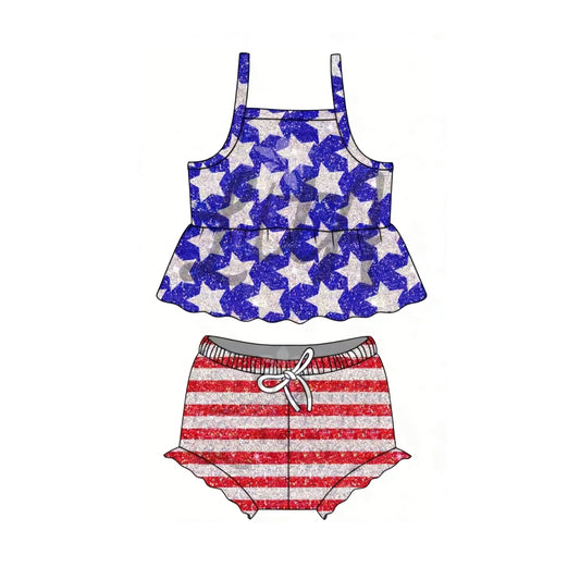 GBO0508 Preorder Baby Girl Strap Stars Tunic Stripe Bummies 4th of July Clothes Sets