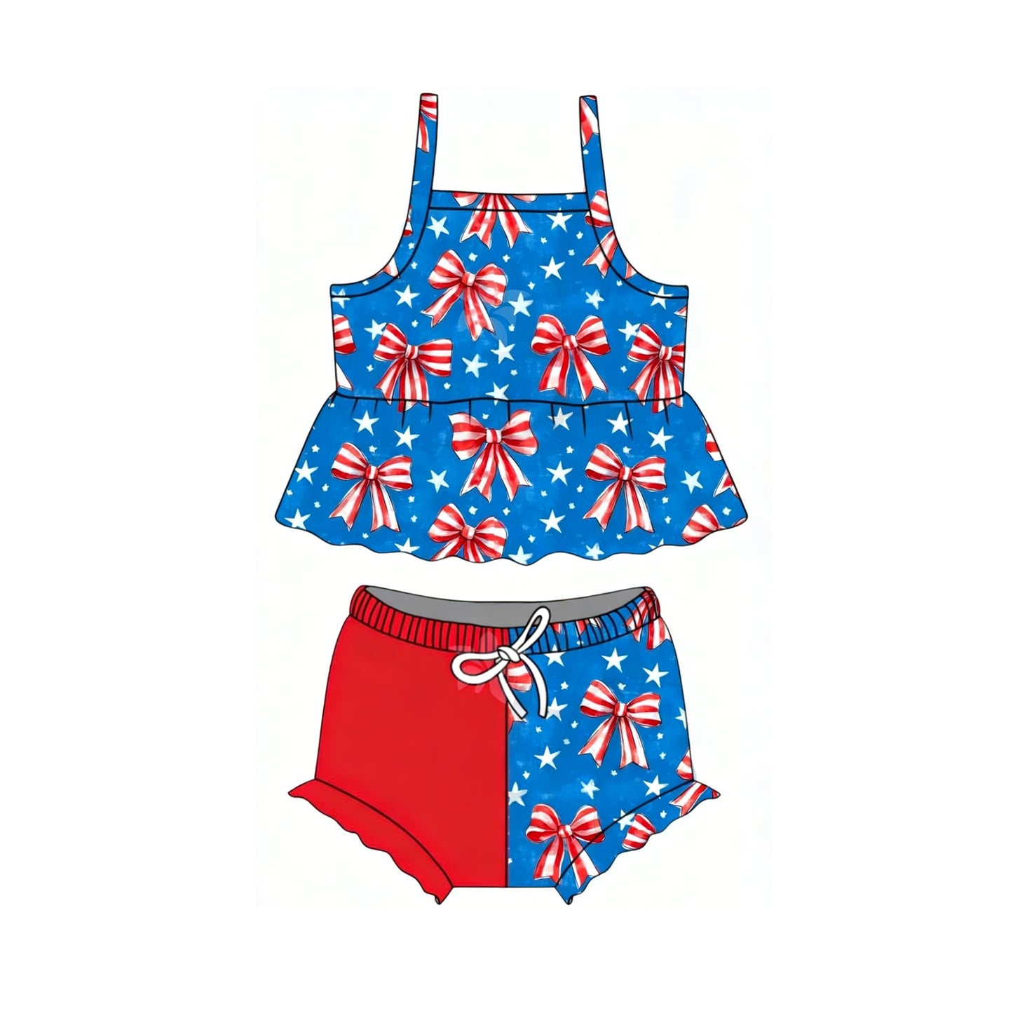 GBO0509 Preorder Baby Girl Strap Stars Bows Tunic Bummies 4th of July Clothes Sets