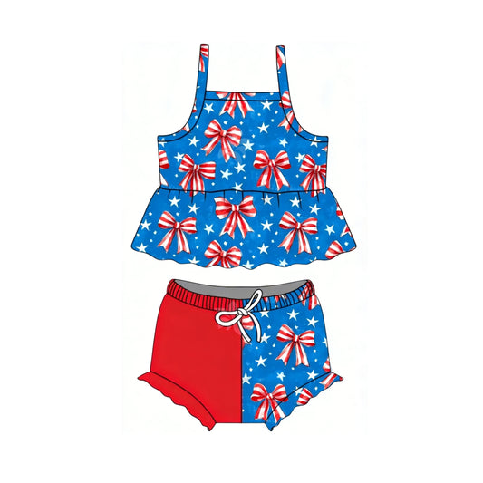 GBO0509 Preorder Baby Girl Strap Stars Bows Tunic Bummies 4th of July Clothes Sets