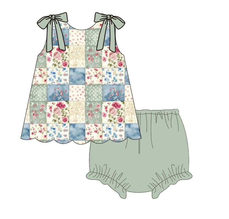 GBO0511 Preorder Baby Girl Sleeveless Floral Checked Tunic Bummies Clothes Sets