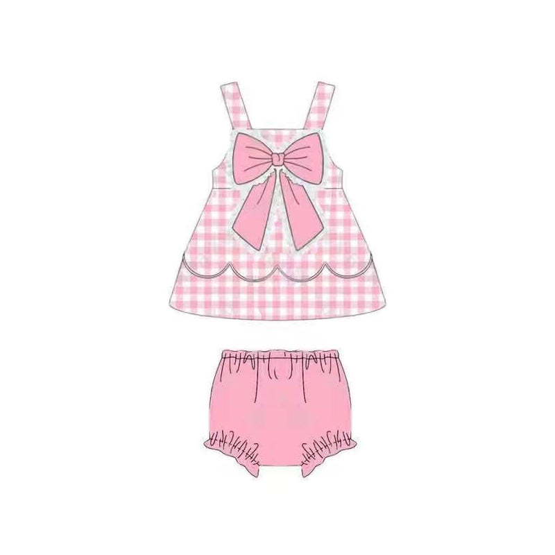 GBO0514 Preorder Baby Girl Strap Pink Checked Bow Top Bummies Clothes Sets