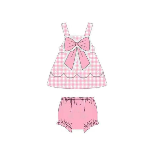 GBO0514 Preorder Baby Girl Strap Pink Checked Bow Top Bummies Clothes Sets