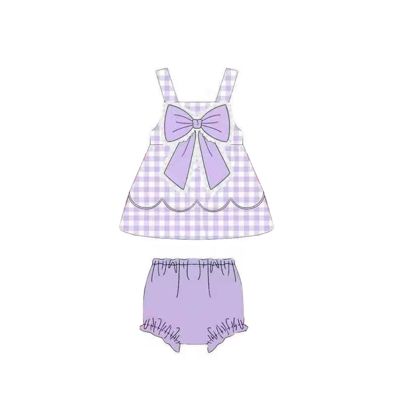 GBO0515 Preorder Baby Girl Strap Lavender Checked Bow Top Bummies Clothes Sets