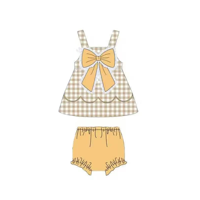 GBO0517 Preorder Baby Girl Strap Orange Checked Bow Top Bummies Clothes Sets