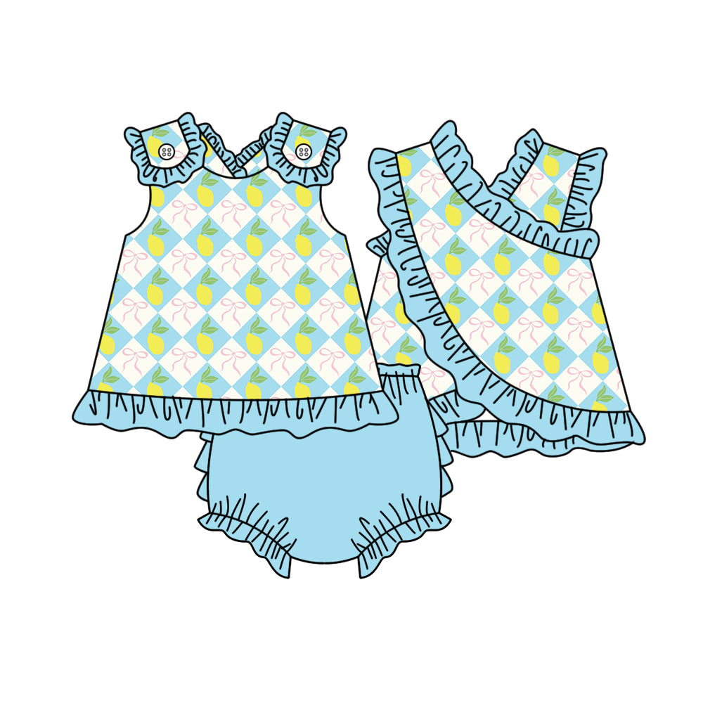 GBO0521 Preorder Baby Girl Lemons Bows Checked Tunic Bummies Clothes Sets