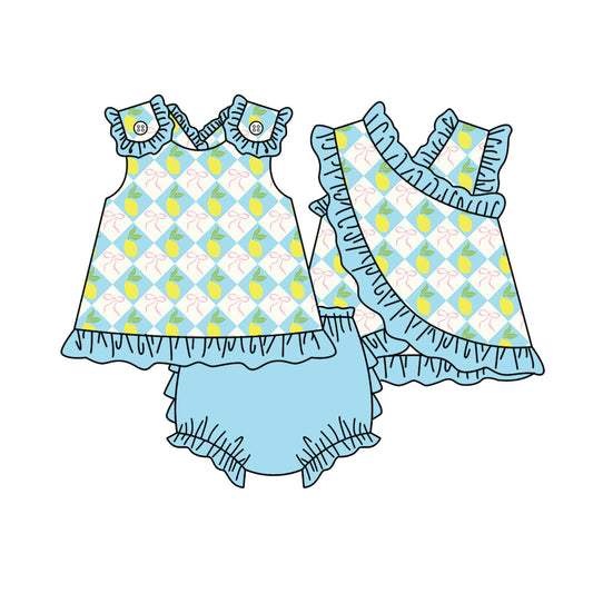 GBO0521 Preorder Baby Girl Lemons Bows Checked Tunic Bummies Clothes Sets