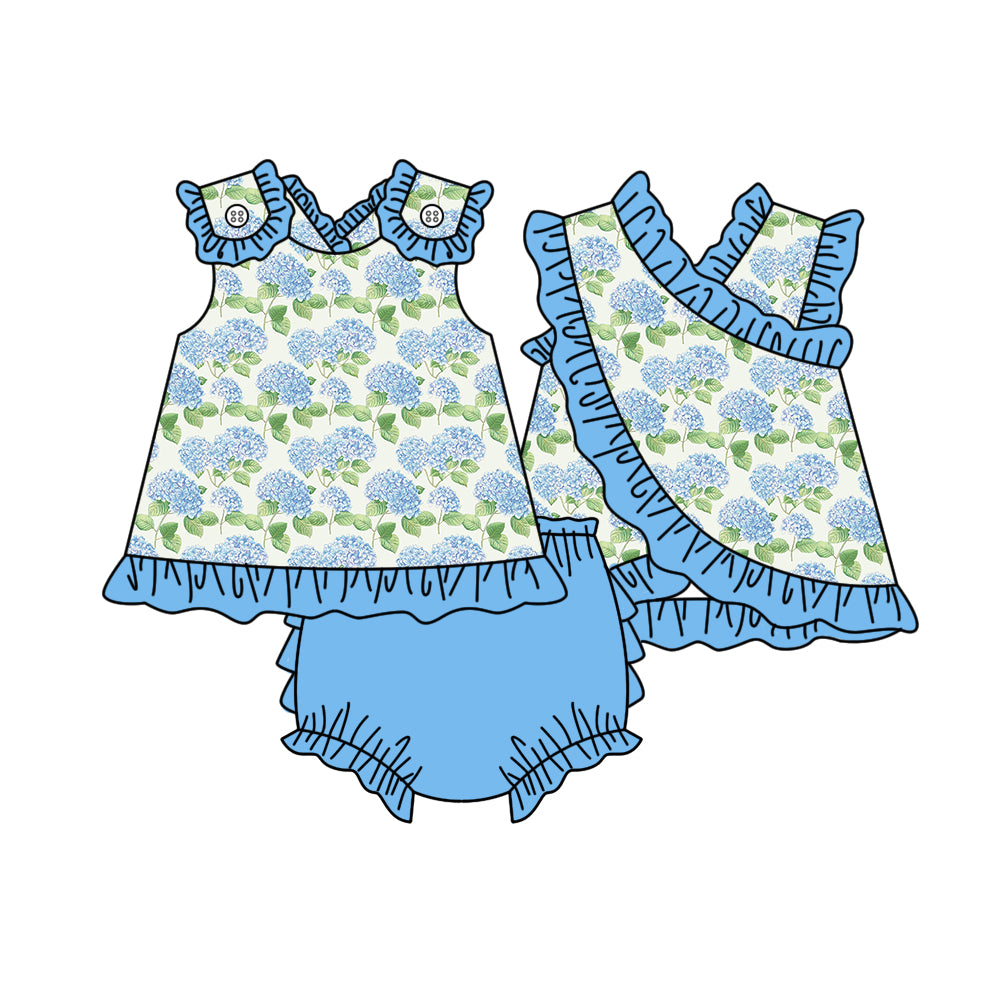 GBO0522 Preorder Baby Girl Blue Flowers Tunic Bummies Clothes Sets