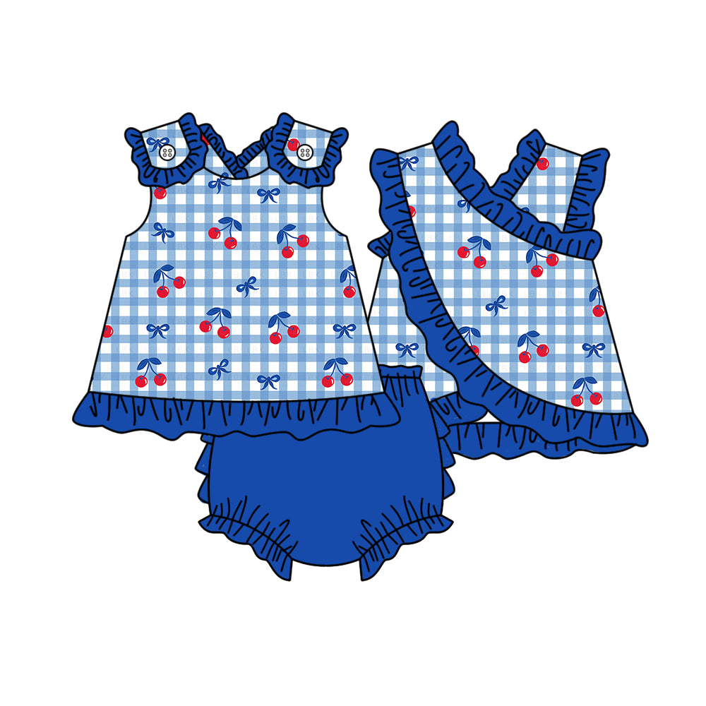 GBO0523 Preorder Baby Girl Blue Checked Bows Cherry Tunic Bummies Clothes Sets