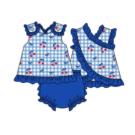 GBO0523 Preorder Baby Girl Blue Checked Bows Cherry Tunic Bummies Clothes Sets