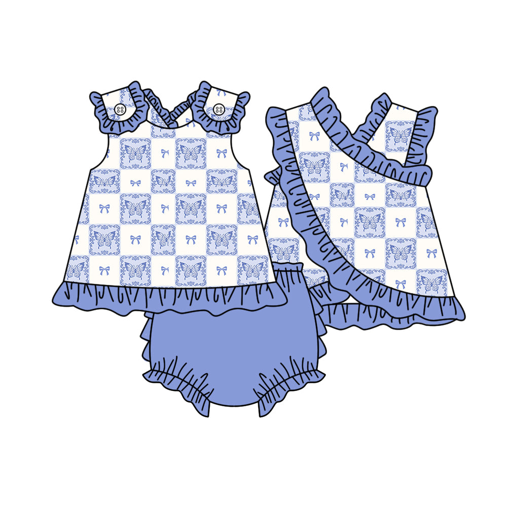 GBO0524 Preorder Baby Girl Blue Bows Butterfly Tunic Bummies Clothes Sets