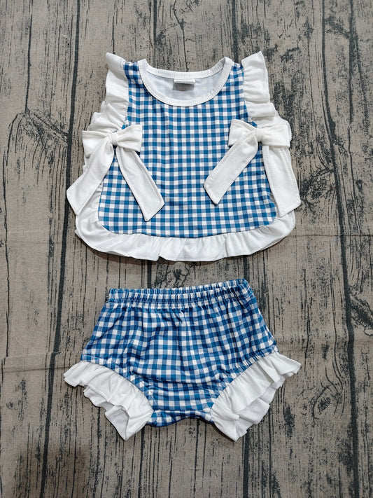 GBO0528 Preorder Sample Baby Girls Blue Checked Bows Tunic Bummies Clothes Sets