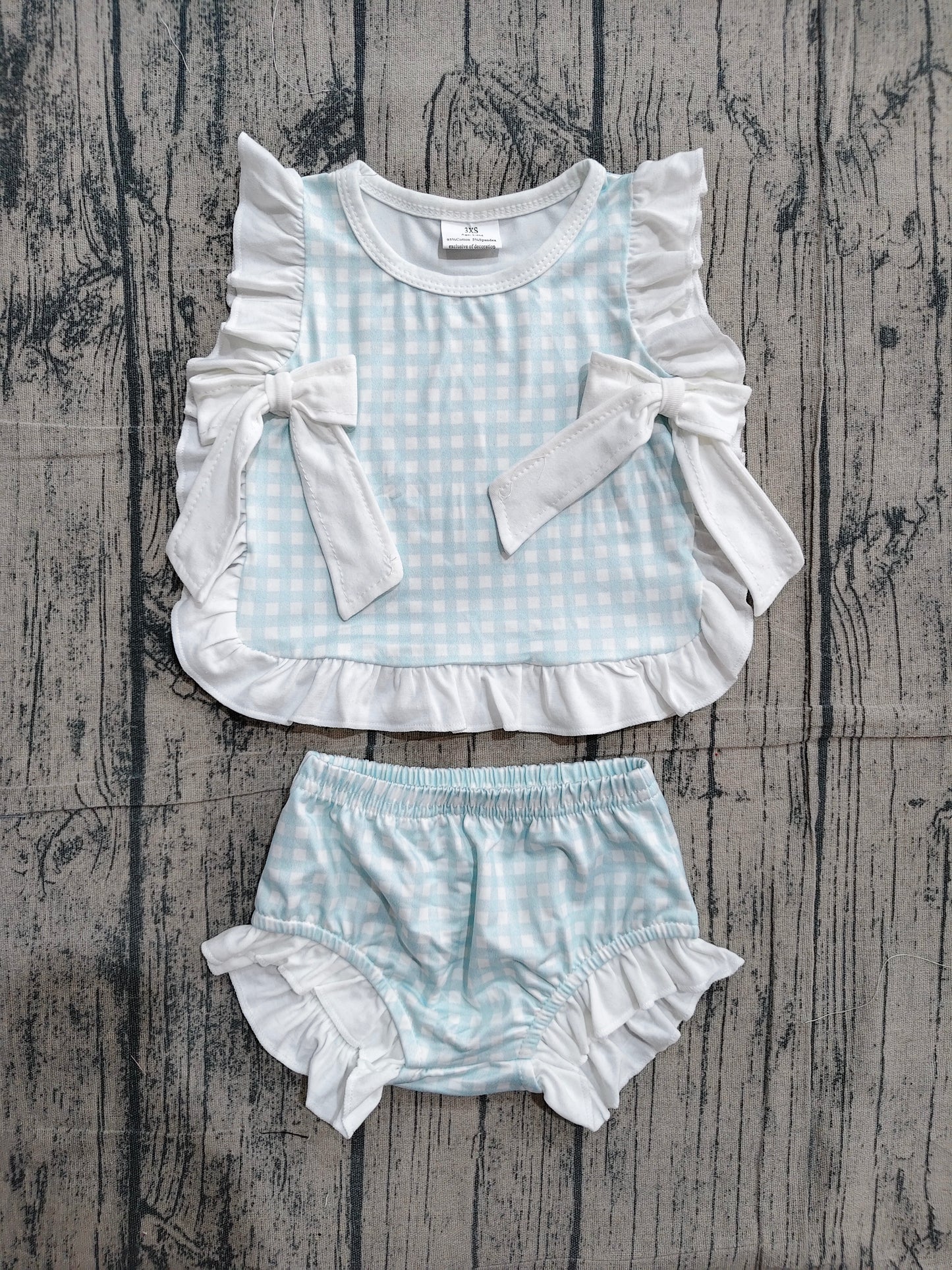 GBO0529 Preorder Sample Baby Girls Light Blue Checked Bows Tunic Bummies Clothes Sets
